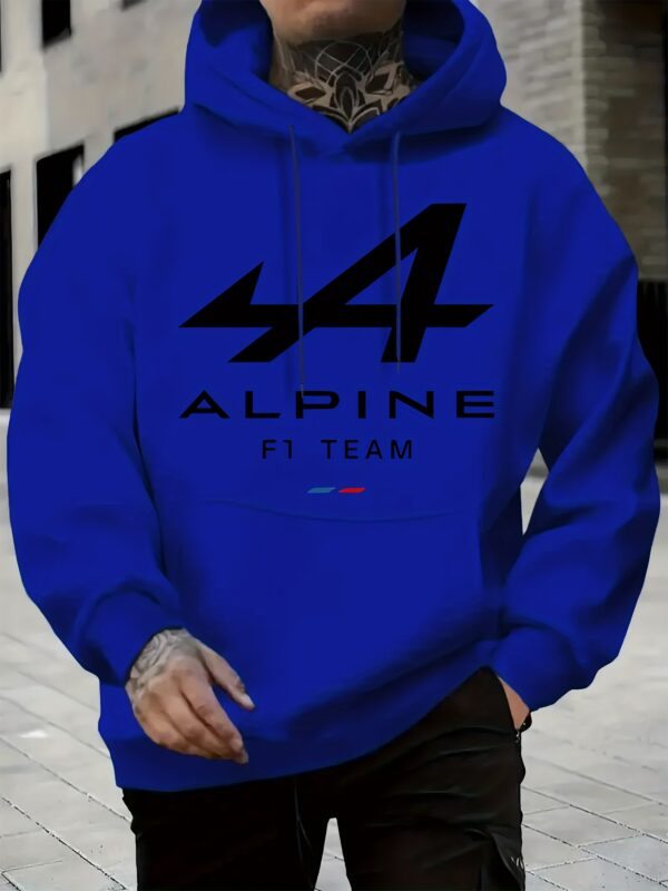 Men'S Stylish "Alpine F1 Team" Graphic Hoodie - Blue, Casual, All-Season Pullover with Pockets, Casual Wear|Bold Print Hoodie|Comfortable Fit, Essential Hoodie