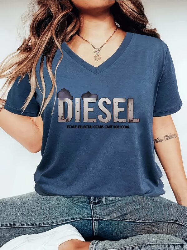 1pc Women's V-Neck Short Sleeve T-Shirt - Casual Polyester Top with DIESEL Letter Print, Black & White Graphic, Machine Washable, All-Season Versatile Wear, Relaxed Fit Tee, Vneck Style, Fabric, Everyday Tee, Graphic Print, Soft Texture, Printed Tee, Laidback Look - Image 2