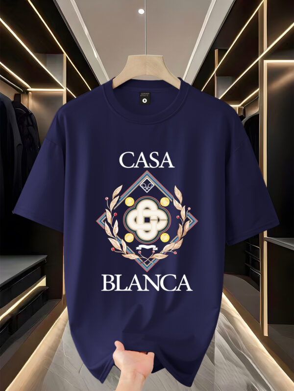 Men'S Trendy "Casa Blanca" Graphic T-Shirt - 100% Polyester Knit, Casual Crew Neck, Loose Fit, Summer Tee with Embossed Logo and Laurel Wreath Design, Casual Attire | Logo Print Tee | Polyester Fabri - Image 4