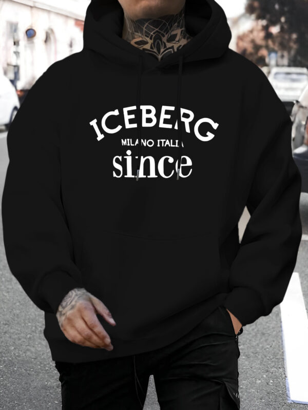 Men's Casual Hoodie with ICEBERG Letter Print - Stretch Fabric Kangaroo Pocket Pullover, Regular Fit Long Sleeve Sweatshirt for Autumn Winter, Versatile Casual Attire, Hooded Neckline, Comfortable Texture - Image 5