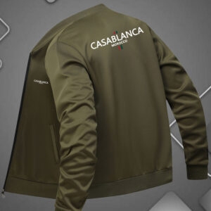 Men'S Olive Green Bomber Jacket with "CASABLANCA" Print - Casual Zip-Up Baseball Collar, Pockets, Stretch Fabric, All-Season Wear, Casual Outerwear | Geometric Print Jacket | Zippered Jacke