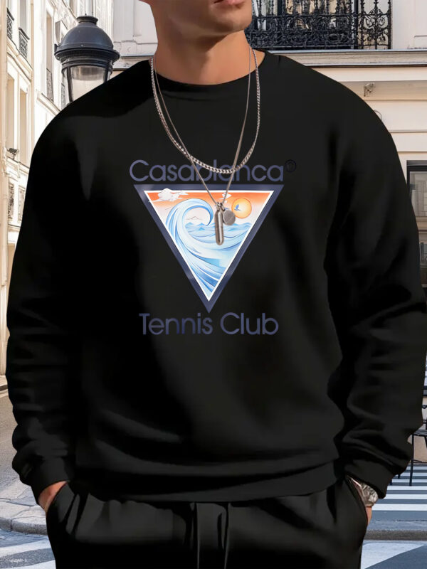 Men'S Casual Crew Neck Sweatshirt with "Tennis Club" Graphic Print - Comfortable Polyester, Loose Fit for Tennis Enthusiasts, Tennis Apparel | Club Logo Design | Comfortable Fi - Image 2