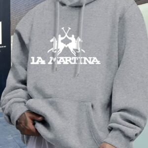 Men'S Casual "La Martina" Graphic Hoodie - Gray, Polyester, Winter-Ready, Regular Fit with Kangaroo Pocket, Hooded Sweatshirt for Sports & Leisur