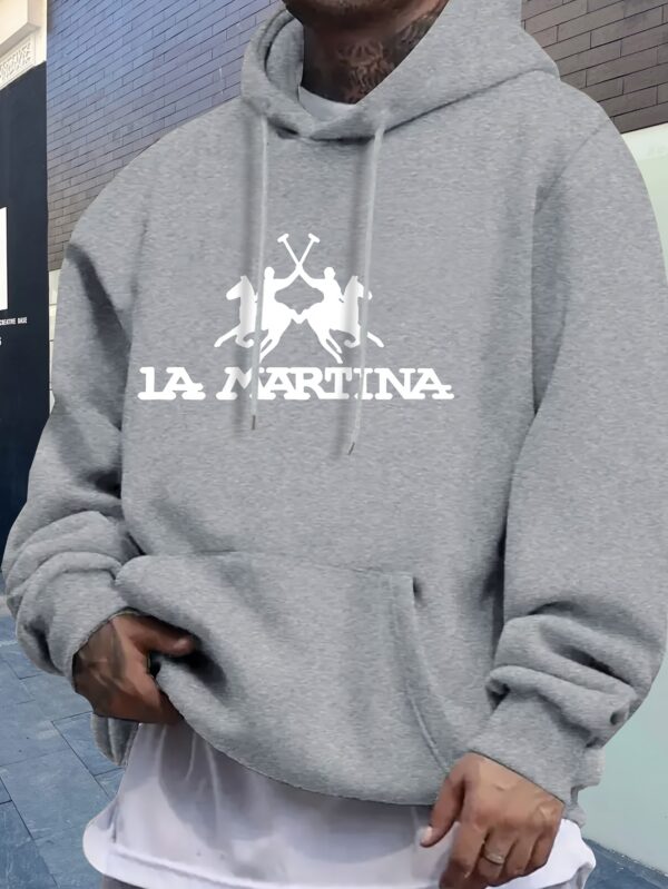 Men'S Casual "La Martina" Graphic Hoodie - Gray, Polyester, Winter-Ready, Regular Fit with Kangaroo Pocket, Hooded Sweatshirt for Sports & Leisur