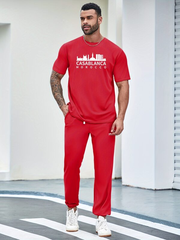 Men'S 2pcs Polyester Casual Set, Crew Neck T-Shirt with Casablanca Print & Elastic Ankle Pants with Drawstring, Deep Pockets, All-Season Knit Fabric, Regular Fit - 190gsm - Image 2