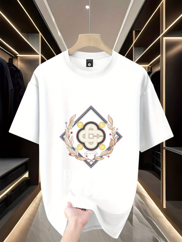 Men'S Trendy "Casa Blanca" Graphic T-Shirt - 100% Polyester Knit, Casual Crew Neck, Loose Fit, Summer Tee with Embossed Logo and Laurel Wreath Design, Casual Attire | Logo Print Tee | Polyester Fabri - Image 5
