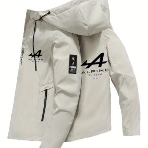 Men's Lightweight Polyester Hooded Jacket for Spring & Autumn, Casual Outdoor Sports Motorcycle Jacket with Zippered Pockets, Adjustable Drawstring Hood, and Stylish Lettering Design, Spring Autumn Gear | Zippered Jacket | Sleek Surface Finish