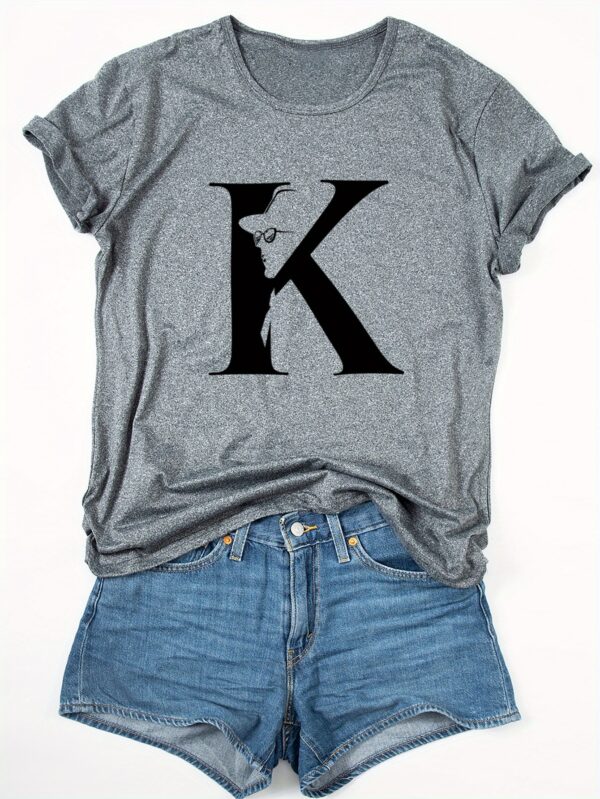 Women's Casual Short Sleeve T-Shirt with Bold Letter K Graphic Print - Soft Breathable Polyester Blend, Quick-Dry, Machine Washable, White with Black Design for Outdoor & Casual Attire, Casual Summer Wear | Casual Style | Nontransparent Textile, Ladies T Shirts - Image 6