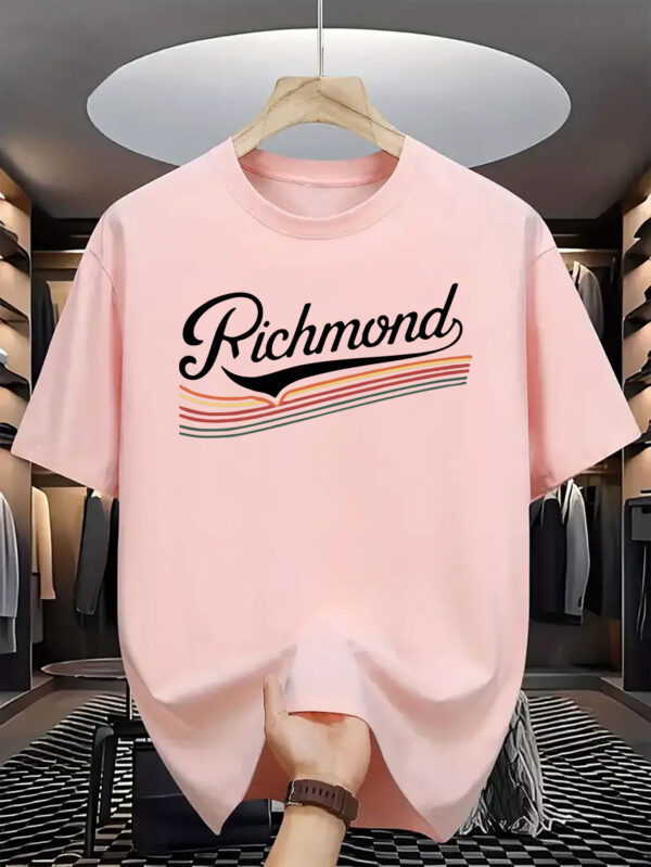 Men's Casual Short Sleeve T-Shirt with Richmond Letter Print - Light Pink & Black Graphic, Breathable Polyester, Regular Fit, Slight Stretch, Machine Washable Summer Essential, Everyday Tshirt | Casual Style | Polyester Fabric
