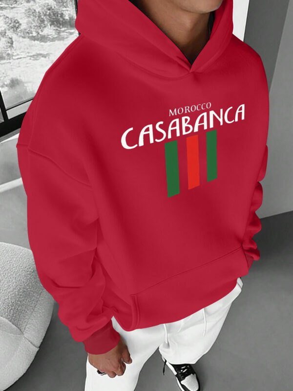 Men'S Casual Hoodie - "CASABLANCA MOROCCO" Print with Striking Green and Red Stripes, Long Sleeve, Loose Fit, Front Pocket, Perfect for Fall/Winter Outdoor Activities, Hiking Clothes