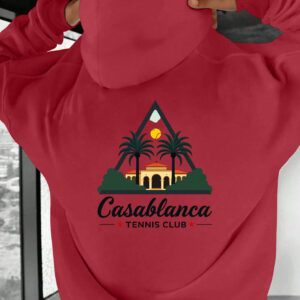 Men's Casablanca Tennis Club Hoodie - Red Graphic Print Pullover with Pockets, Loose Fit for Fall/Winter Outdoor Leisure