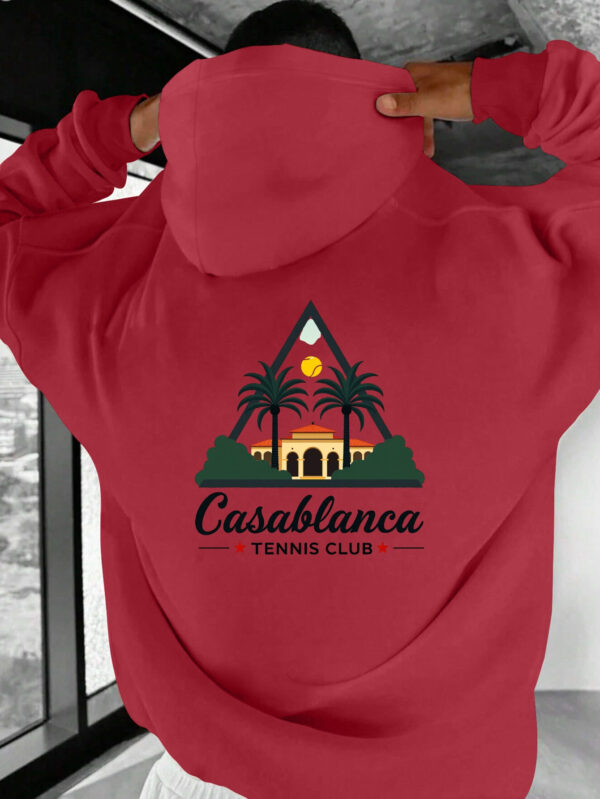 Men's Casablanca Tennis Club Hoodie - Red Graphic Print Pullover with Pockets, Loose Fit for Fall/Winter Outdoor Leisure