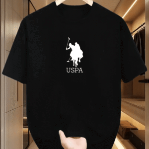 T1104 White Horse 2025 New Design Casual Short Sleeve T-Shirt - Black Geometric Pattern with USPA Logo & Equestrian Applique, Regular Fit Round Neck, High-Quality Comfortable Fabric for Adults, Everyday Clothing, Modern Casualwear, Durable Casualwear