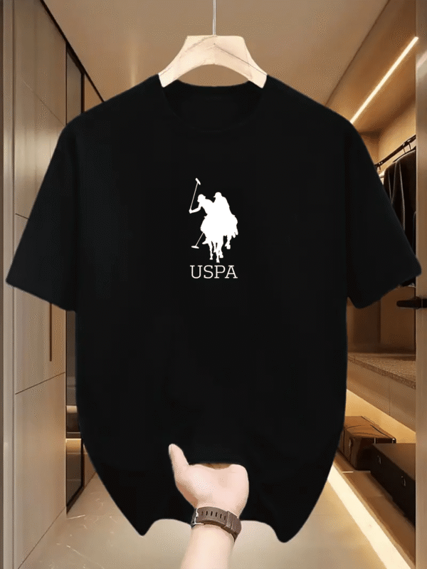 T1104 White Horse 2025 New Design Casual Short Sleeve T-Shirt - Black Geometric Pattern with USPA Logo & Equestrian Applique, Regular Fit Round Neck, High-Quality Comfortable Fabric for Adults, Everyday Clothing, Modern Casualwear, Durable Casualwear
