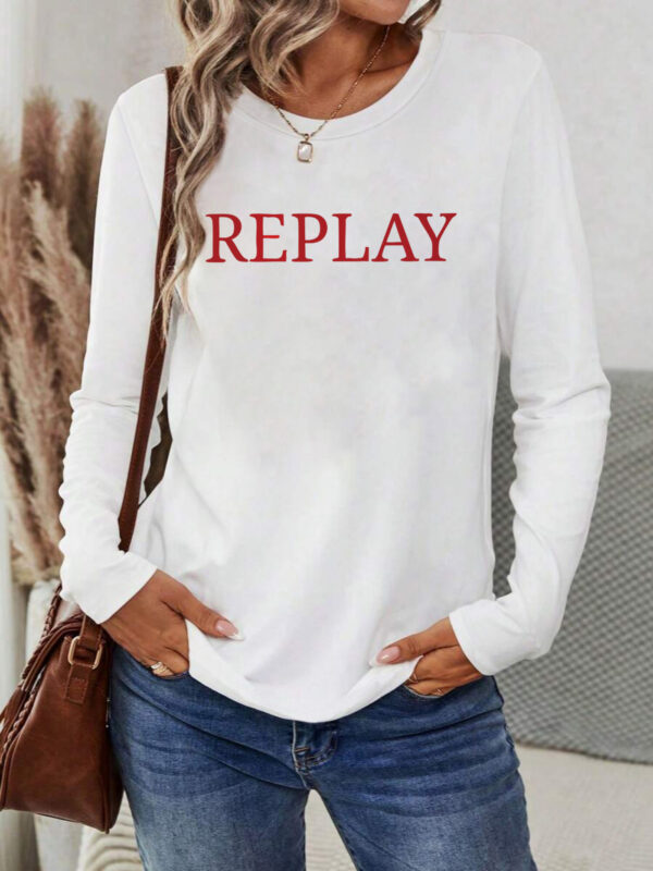 Women's Vibrant Red REPLAY Graphic Long Sleeve T-Shirt - Casual Round Neck Geometric Print Top, Machine Washable Spring/Summer Vacation Wear - Image 5