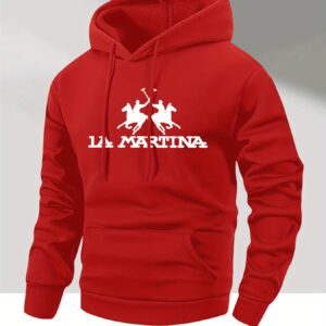 Men's Casual Hooded Sweatshirt - Rich Red Horseback Rider & L'MARTINA Graphic Print, Long Sleeve Pullover with Front Pocket, Machine Washable Autumn Winter Fashion