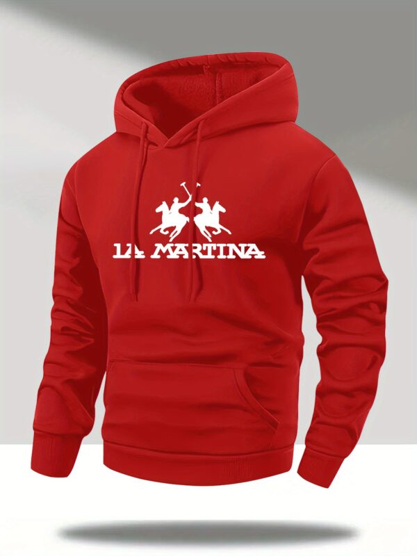 Men's Casual Hooded Sweatshirt - Rich Red Horseback Rider & L'MARTINA Graphic Print, Long Sleeve Pullover with Front Pocket, Machine Washable Autumn Winter Fashion