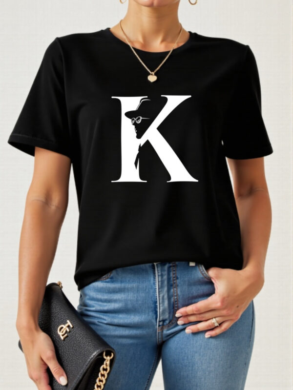 Women's Casual Short Sleeve T-Shirt with Bold Letter K Graphic Print - Soft Breathable Polyester Blend, Quick-Dry, Machine Washable, White with Black Design for Outdoor & Casual Attire, Casual Summer Wear | Casual Style | Nontransparent Textile, Ladies T Shirts - Image 8