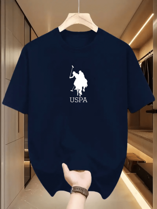 T1104 White Horse 2025 New Design Casual Short Sleeve T-Shirt - Black Geometric Pattern with USPA Logo & Equestrian Applique, Regular Fit Round Neck, High-Quality Comfortable Fabric for Adults, Everyday Clothing, Modern Casualwear, Durable Casualwear - Image 4