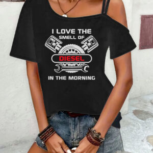 Women's Sexy Off-Shoulder Graphic T-Shirt - "I Love the Smell of Diesel" Slogan & Engine Design, Black Polyester Top, Machine Washable Casual Wear for Automotive Enthusiasts, Car T Shirts