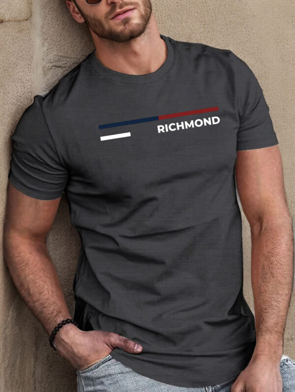 Men'S Casual Crew Neck T-Shirt with Geometric Richmond Print, 100% Polyester Knit Fabric, Slight Stretch, Regular Fit, Summer Short Sleeve Tee - 150gsm