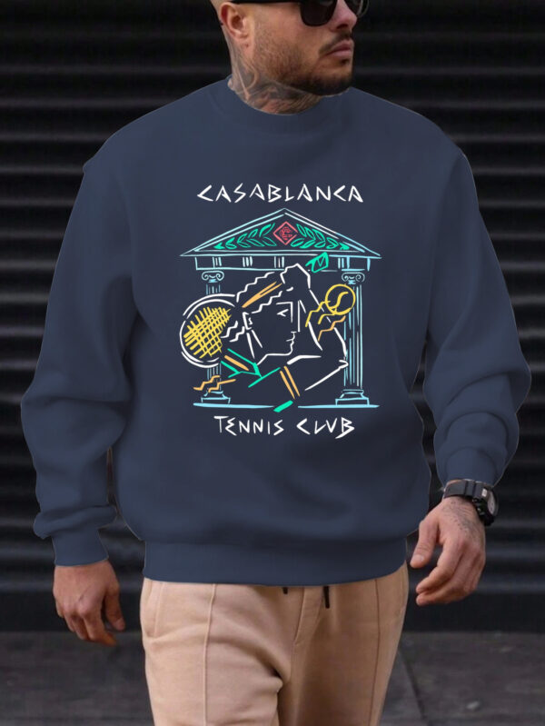 Men's Casual Round Neck Sweatshirt - Vibrant Red with Artistic Tennis & Music Graphic Print, Soft Machine-Washable Fabric, Regular Fit for Casual Attire, Streetwear Fashion, Statement Apparel, Durable Clothing, Unisex Apparel, Fashion Enthusiasts, Urban Style, Trendy Apparel, Highquality Clothing, Stylish Top, Young Adults - Image 4