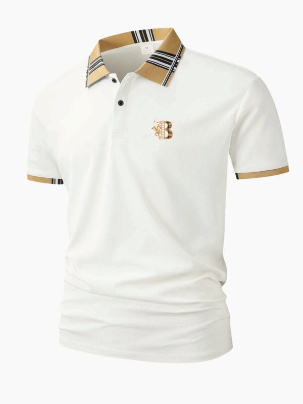 Men'S White Shirt with Golden "B" Horse Print - Breathable Short Sleeve, Button-Up Collar, Casual Summer Golf & Business Attire, Regular Fit, Breathable Fabric