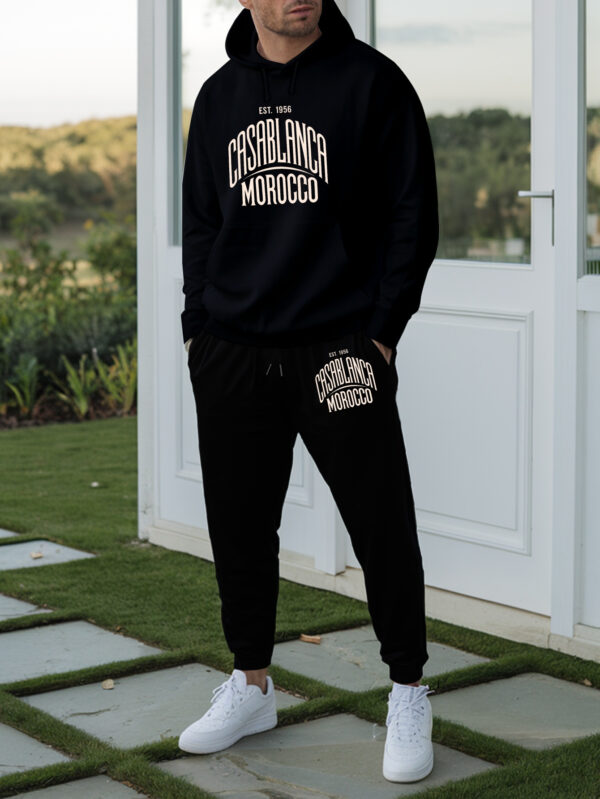 Men'S Casablanca Morocco Hooded Sweatshirt Suit - Trendy Autumn & Winter Printed Casual Sports Top with Drawstring Pants, White & Black Design, Polyester Blend, Perfect for Casual Attire, Casual Sports Attire|Casual Hooded Top|Comfortable Fit, Sweatshir - Image 10