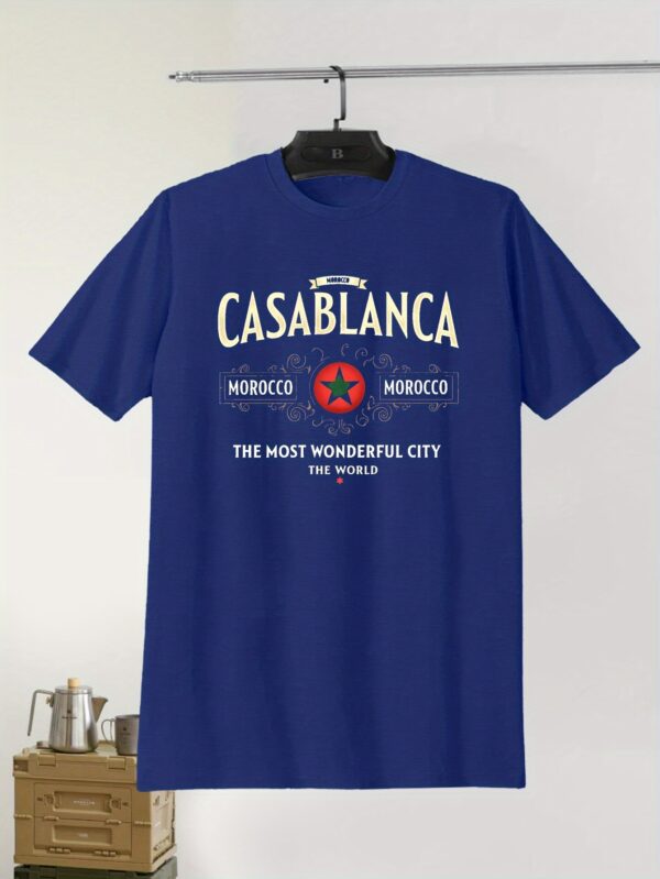 Men'S Casual Crew Neck T-Shirt with Moroccan Flag & "CASABLANCA" Print, Lightweight Polyester Summer Top, Regular Fit - Image 3