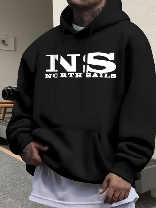 Men'S Casual "INS North Sails" Graphic Hoodie - Black with White Print, Casual Pullover Sweatshirt, All-Season Comfort, Regular Fit, Casual Wear Hoodie|Hooded Sweatshirt|Comfortable Fit