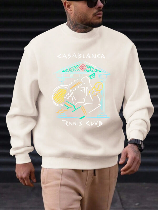 Men's Casual Round Neck Sweatshirt - Vibrant Red with Artistic Tennis & Music Graphic Print, Soft Machine-Washable Fabric, Regular Fit for Casual Attire, Streetwear Fashion, Statement Apparel, Durable Clothing, Unisex Apparel, Fashion Enthusiasts, Urban Style, Trendy Apparel, Highquality Clothing, Stylish Top, Young Adults - Image 6