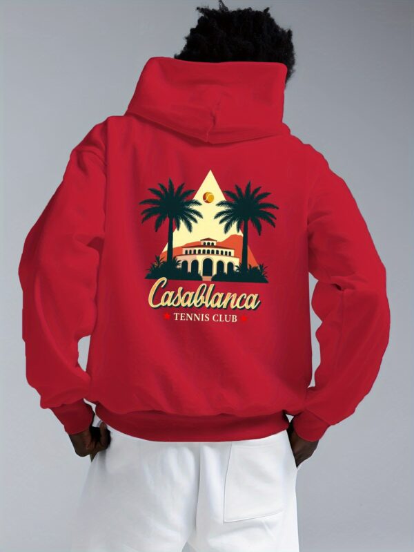 Casablanca Tennis Club Men's Graphic Print Hoodie - Black Relaxed Fit Sleeve Pullover with Palm Trees & Sunset Design, Machine Washable Autumn Winter Casual Outdoor Wear, Leisure Apparel | Nonstretch Fabric - Image 3