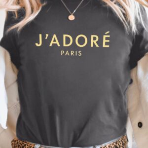 Women'S "J'Adore Paris" Bold Text Print T-Shirt - Short Sleeve Crew Neck Casual Top for Spring & Summer, Black with Golden Lettering, Polyester Blend, Machine Washable, Casual Summer Top | Round Neckline Top | Glossy Texture, Ladies T Shirt