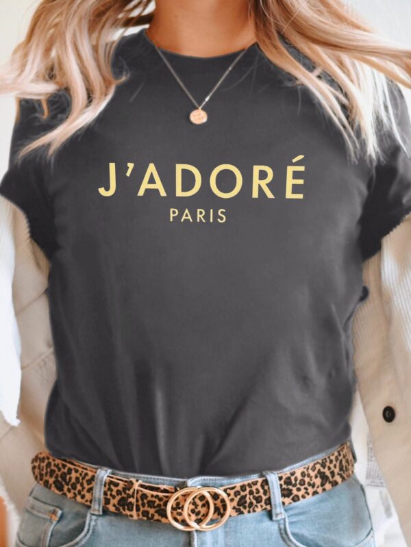 Women'S "J'Adore Paris" Bold Text Print T-Shirt - Short Sleeve Crew Neck Casual Top for Spring & Summer, Black with Golden Lettering, Polyester Blend, Machine Washable, Casual Summer Top | Round Neckline Top | Glossy Texture, Ladies T Shirt