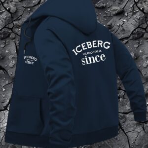 Men'S Navy Blue "ICEBERG MILANO ITALIA since" Hooded Sweatshirt - Casual Style with Zipper Closure, Polyester Lining, Pockets, Casual Wear|Hooded Jacket|Zippered Jacket