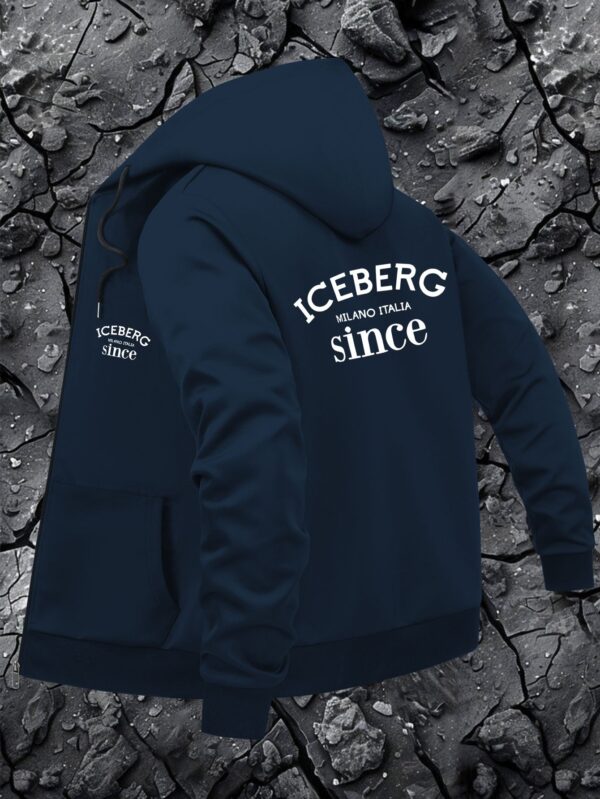 Men'S Navy Blue "ICEBERG MILANO ITALIA since" Hooded Sweatshirt - Casual Style with Zipper Closure, Polyester Lining, Pockets, Casual Wear|Hooded Jacket|Zippered Jacket