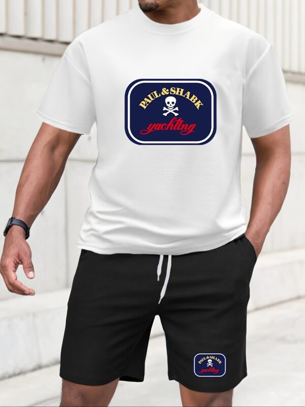 Men'S Print Casual T-Shirt Set, Sports Outfit with Round Neck Design, Soft Tee Top and Leisure Shorts, Cartoon Skull and Lettering Print, Two-Piece Set for All Seasons - Image 3