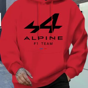 Men's Red ALPINE F1 TEAM Graphic Print Fleece Hoodie - Warm Winter Pullover with Pockets, Machine Washable, Casual Style, Winter Hoodie