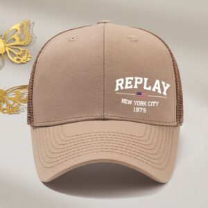 REPLAY White Letter Print Mesh Baseball Cap, Outdoor, for RICHARDSON, Summer, Outdoor Sports, Printed, Curved Brim, Truck Driver Hat