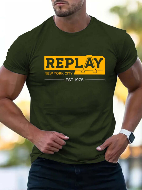 Men'S "REPLAY" Graphic T-Shirt - Casual Summer Short Sleeve, Beige with Bold Orange Lettering & Logo, Lightweight Polyester, Perfect for Outdoor Activities & Sporty Look, Summer Sportswear | Logo Print Tee | Knit Constructio - Image 3