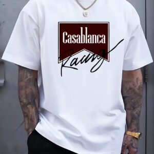 Men's Casual Crew Neck T-Shirt - White with Red "Casablanca Kay" Graphic Print, Short Sleeve, Breathable Summer Top, Machine Washable, Comfortable Regular Fit for Casual Attire, Summer Casual Wear | Casual Style | Comfortable Fit