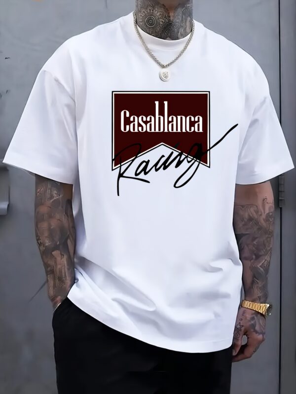 Men's Casual Crew Neck T-Shirt - White with Red "Casablanca Kay" Graphic Print, Short Sleeve, Breathable Summer Top, Machine Washable, Comfortable Regular Fit for Casual Attire, Summer Casual Wear | Casual Style | Comfortable Fit
