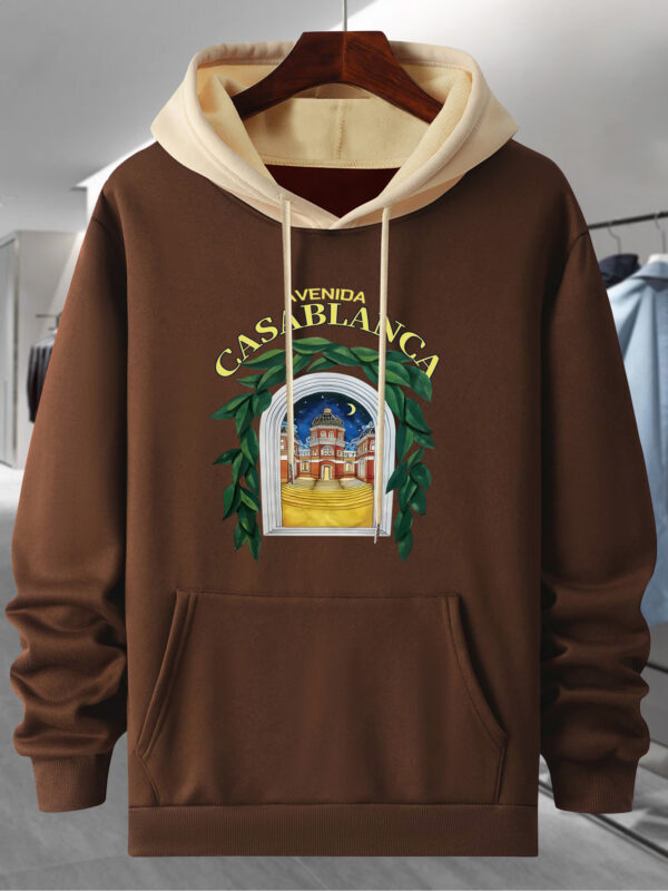 Men's Black & Yellow Color-Block Hooded Sweatshirt with Casablanca Graphic Print, 250g Heavyweight Pullover, Long Sleeve Casual Streetwear for Autumn/Winter, Sweater Hoodie, Winter Wear, Trendy Pullover, Quality Stitching, Pullover Hoodie, Men's Fashion - Image 5