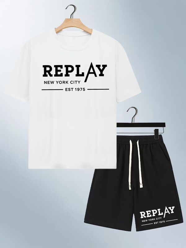 Men'S Casual "REPLAY" Graphic T-Shirt & Shorts Set - Navy Blue Tee with "REPLAY NEW YORK CITY EST 50.16meter Print, Black Drawstring Shorts, Perfect for Summer, Casual Attire|Graphic Print Tee|Lightweight Fabric - Image 4