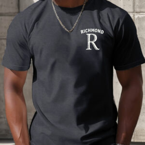Men's RICHMOND Bold Uppercase Letter Print T-Shirt - Black with White Graphic, Casual Short Sleeve Round Neck Summer Tee, Regular Fit, Machine Washable, Casual Attire, Smooth Fabric Shirt