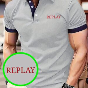 Men's Light Business Casual Shirt - 100% Polyester Breathable Summer Golf & Outdoor Shirt with Bold Red 'REPLAY' Letter Design, Machine Washable H-Fit