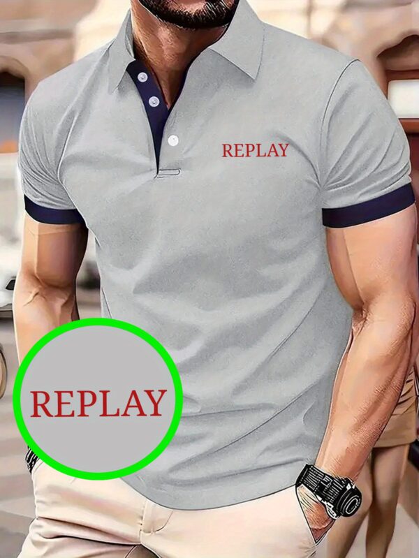 Men's Light Business Casual Shirt - 100% Polyester Breathable Summer Golf & Outdoor Shirt with Bold Red 'REPLAY' Letter Design, Machine Washable H-Fit