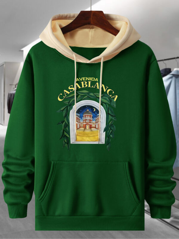 Men's Black & Yellow Color-Block Hooded Sweatshirt with Casablanca Graphic Print, 250g Heavyweight Pullover, Long Sleeve Casual Streetwear for Autumn/Winter, Sweater Hoodie, Winter Wear, Trendy Pullover, Quality Stitching, Pullover Hoodie, Men's Fashion - Image 4