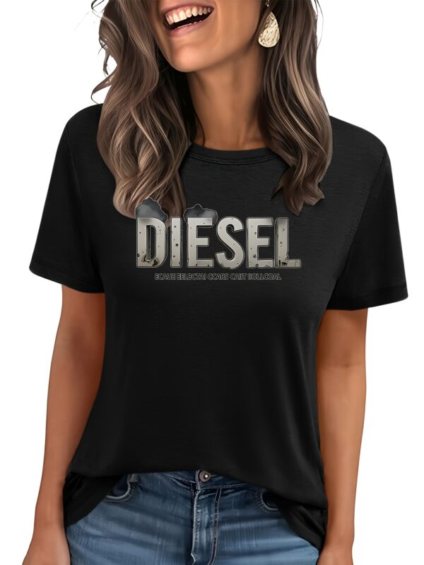 Women'S Elegant Crew Neck Polyester T-Shirt - Bright Yellow with Blue Diesel Graphic, Short Sleeve, Spring/Summer Casual Top for Diesel Enthusiasts, Casual Summer Top | Slogan Graphic Tee | Glossy Textur - Image 4