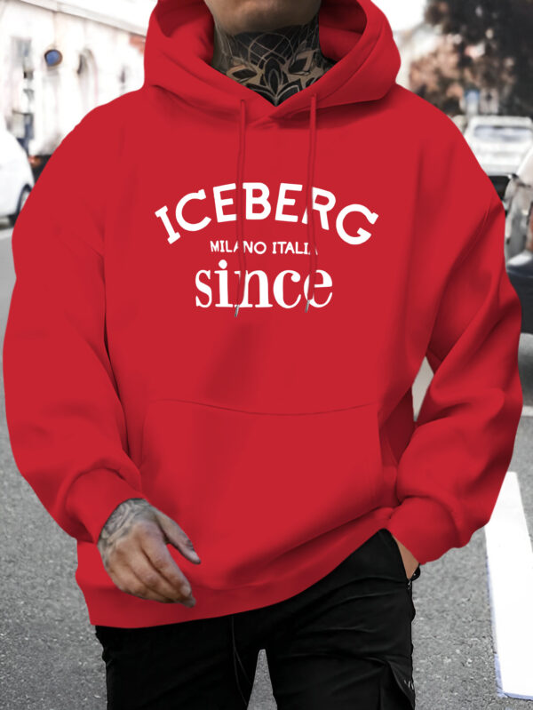 Men's Casual Hoodie with ICEBERG Letter Print - Stretch Fabric Kangaroo Pocket Pullover, Regular Fit Long Sleeve Sweatshirt for Autumn Winter, Versatile Casual Attire, Hooded Neckline, Comfortable Texture - Image 2